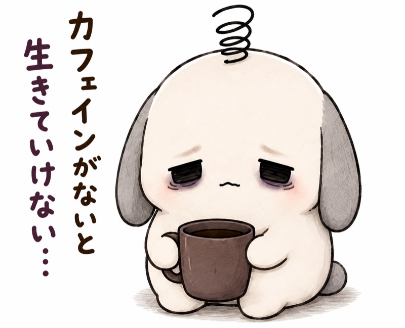 「カフェインがないと生きていけない…」とマグカップを抱えるキチィちゃんのデザイン