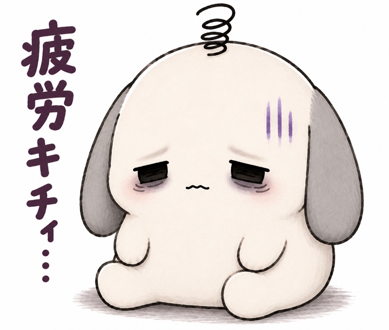 「疲労キチィ…」とつぶやきながら座りこむキチィちゃんのデザイン