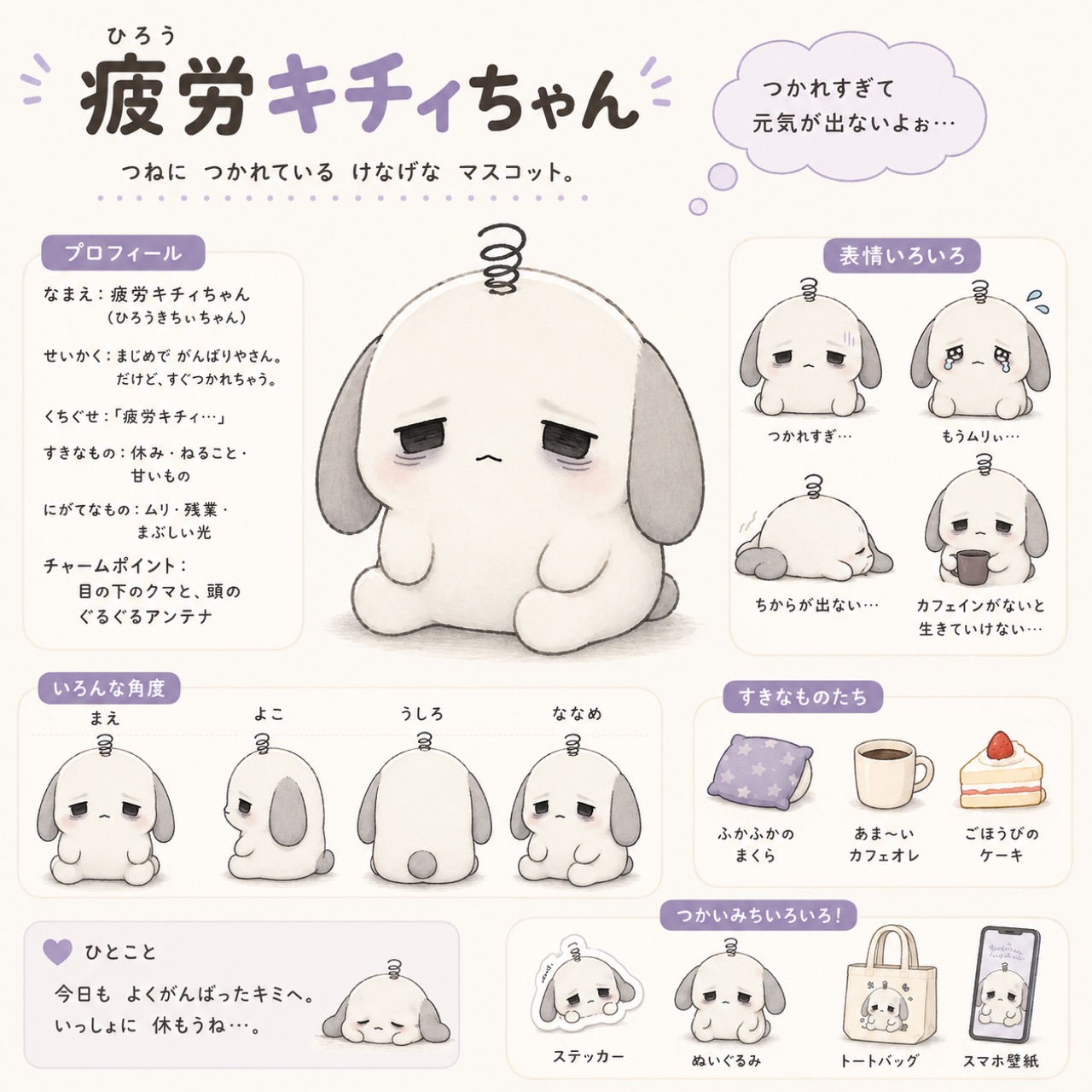 疲労キチィちゃんのキャラクターシート。プロフィール、表情いろいろ、いろんな角度、すきなものたちが描かれている