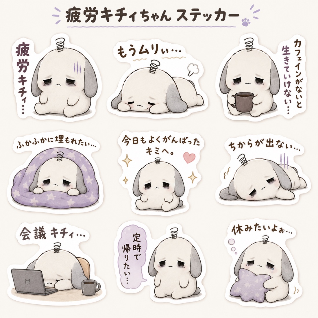 疲労キチィちゃんステッカー9種セット。会議キチィ…、定時で帰りたい…などのつぶやき付き